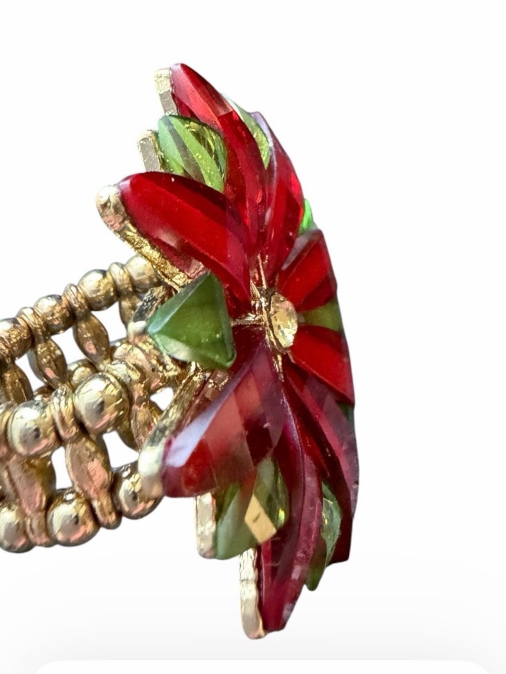 Gold-Plated Red & Green Floral Statement Ring